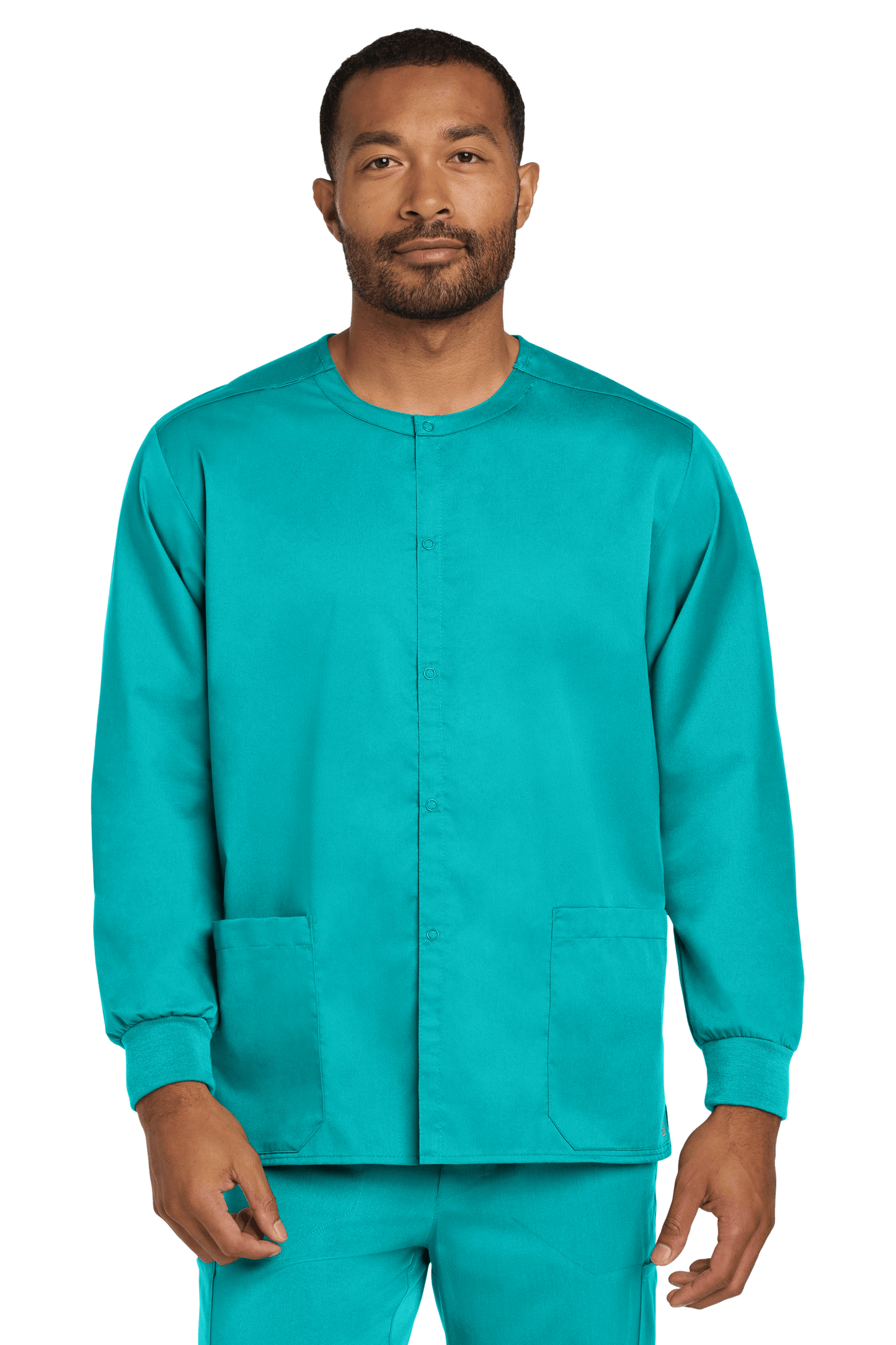 Unisex teal Wink workwear scrub jacket with snap-front design, shown from the front view, suitable for healthcare professionals.