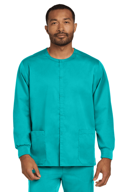 Unisex teal Wink workwear scrub jacket with snap-front design, shown from the front view, suitable for healthcare professionals.