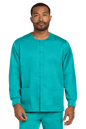Unisex teal Wink workwear scrub jacket with snap-front design, shown from the front view, suitable for healthcare professionals.