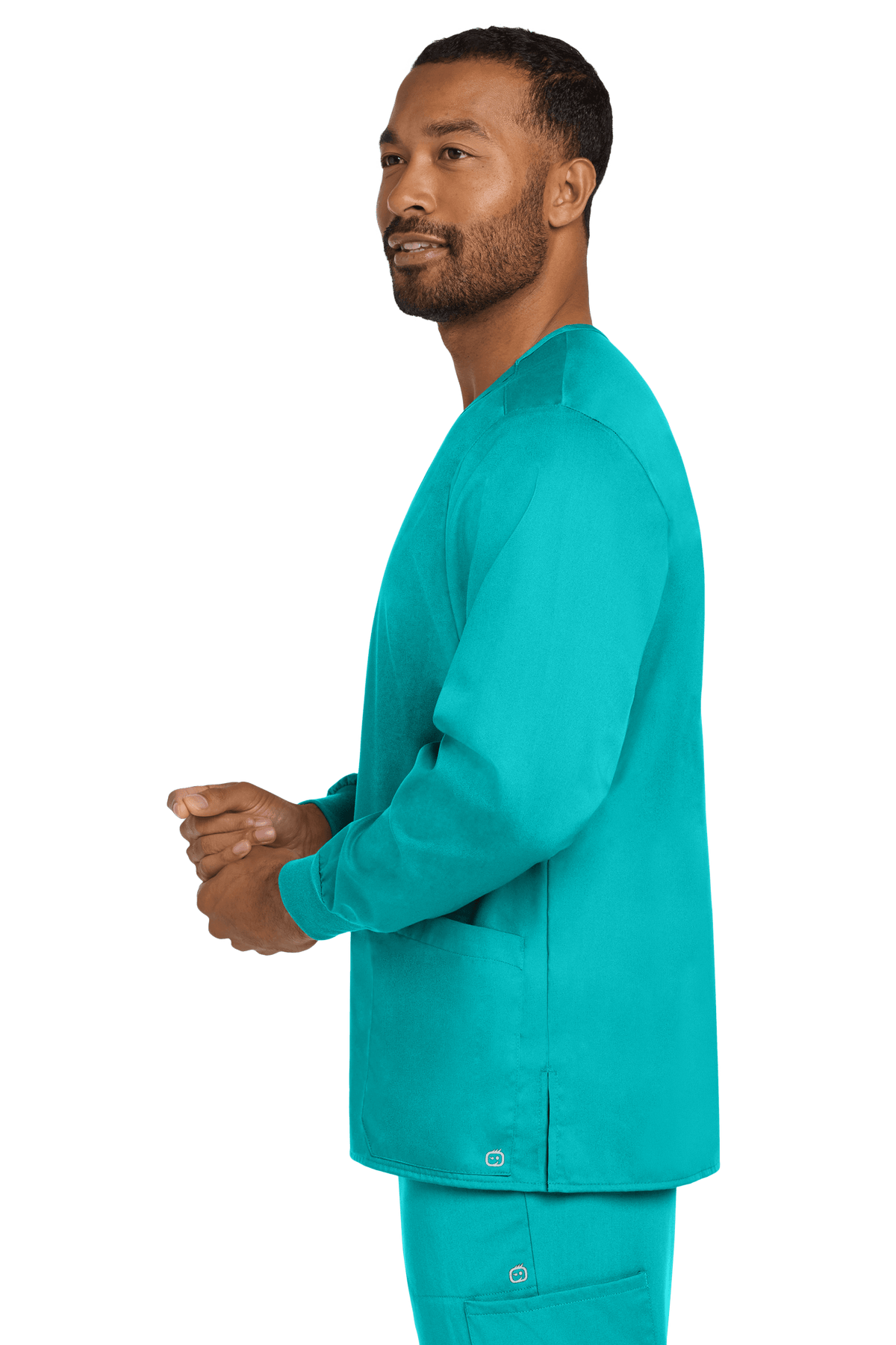 Unisex teal Wink workwear scrub jacket with snap front closure, shown from side view, designed for medical or healthcare professionals.