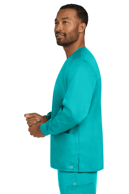 Unisex teal Wink workwear scrub jacket with snap front closure, shown from side view, designed for medical or healthcare professionals.