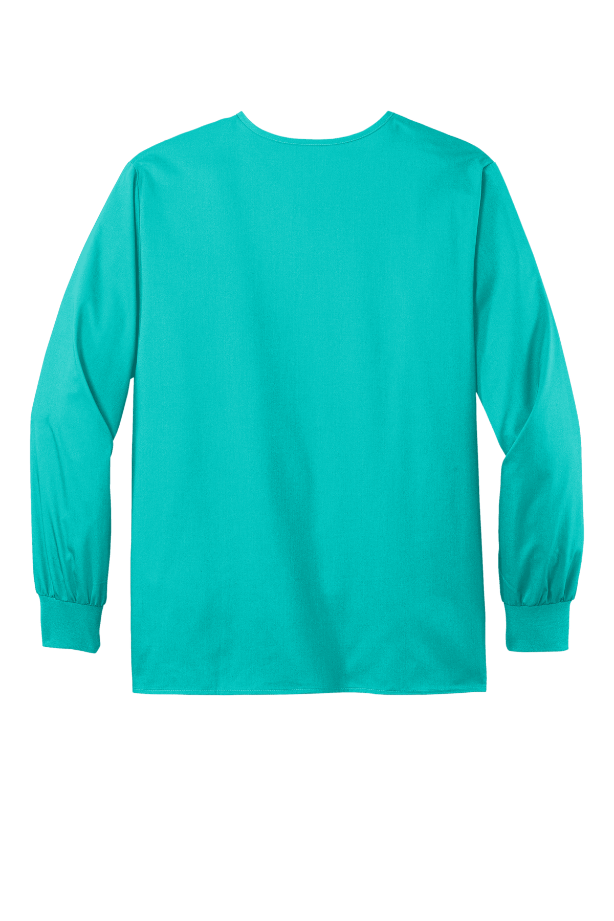 Unisex teal Wink workwear scrub jacket with snap-front design, perfect for healthcare professionals, shown from the back view.