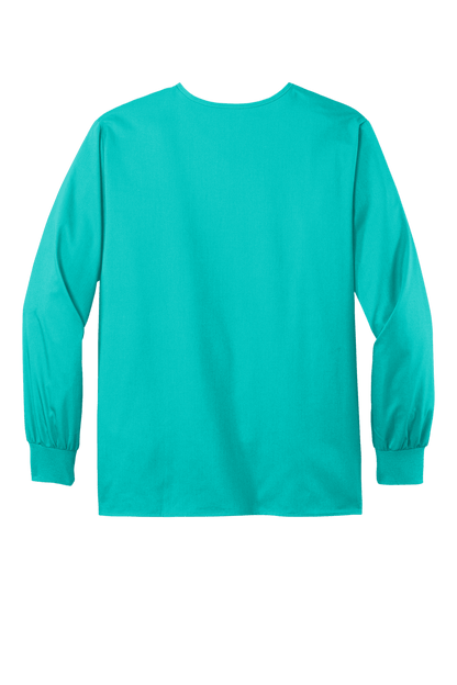 Unisex teal Wink workwear scrub jacket with snap-front design, perfect for healthcare professionals, shown from the back view.
