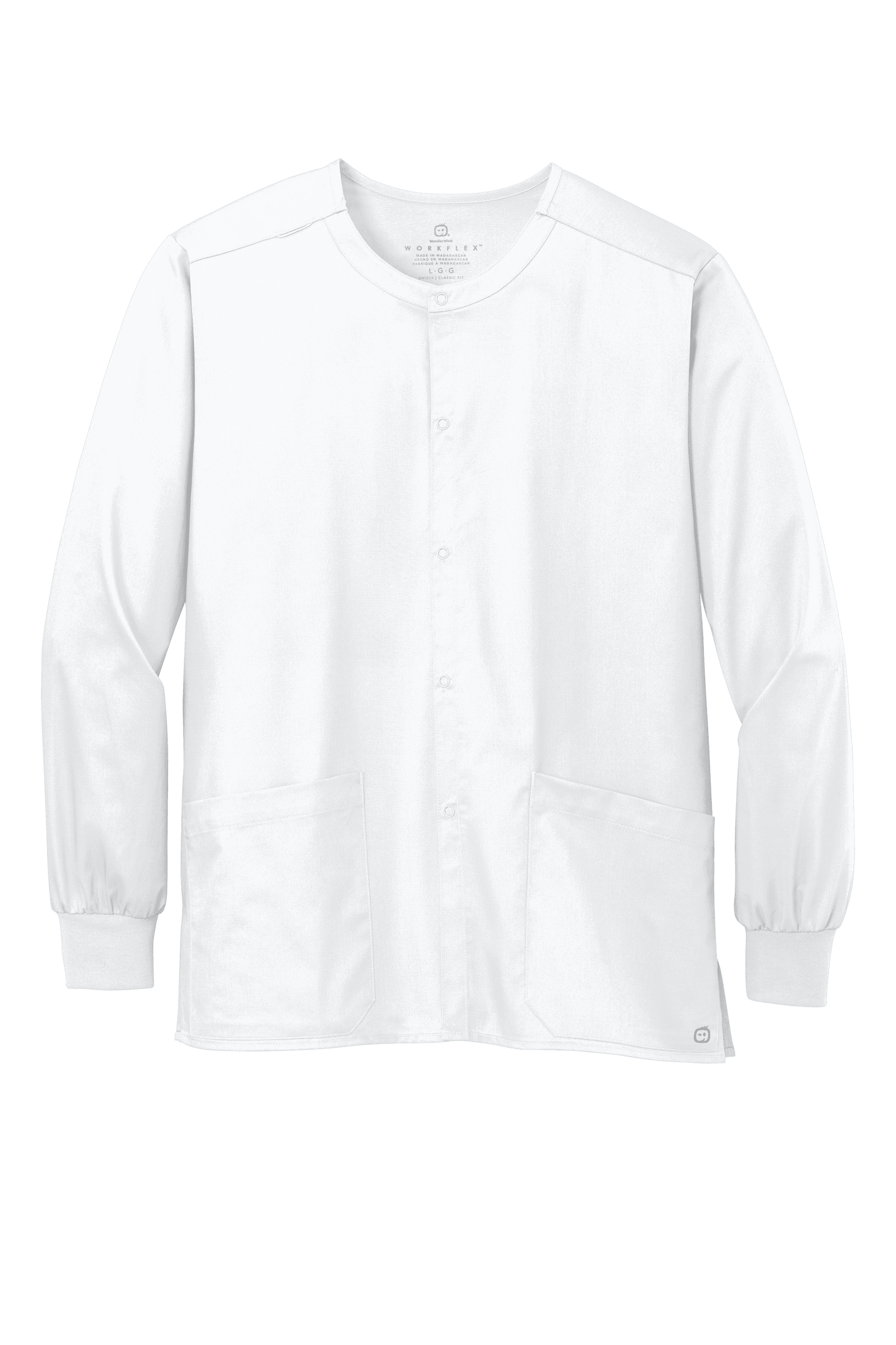Unisex white Wink workwear scrub jacket with a snap-front design, suitable for medical professionals and customizable options.