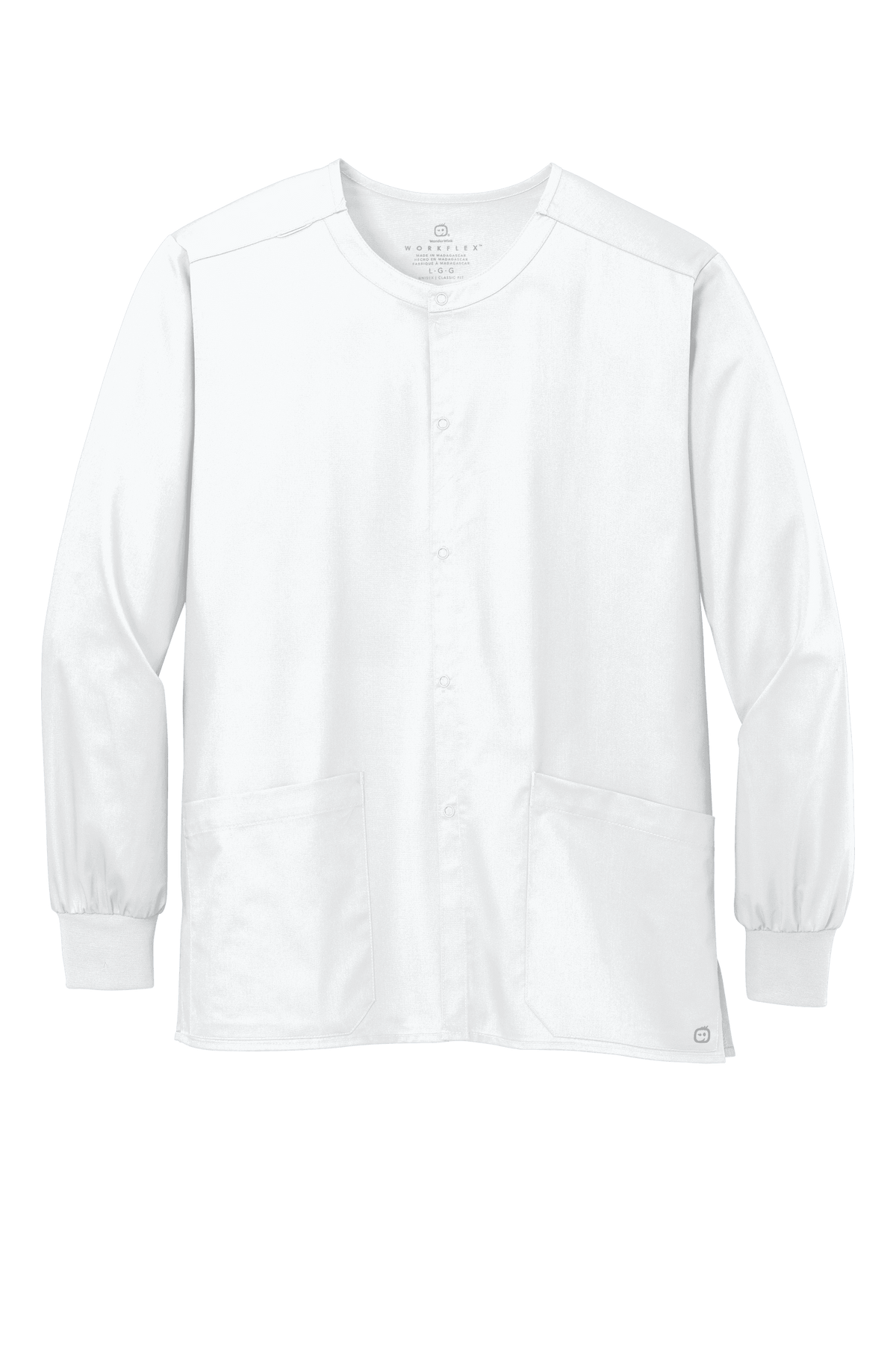 Unisex white Wink workwear scrub jacket with a snap-front design, suitable for medical professionals and customizable options.