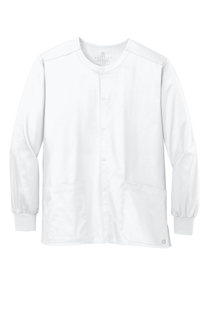 Unisex white Wink workwear scrub jacket with a snap-front design, suitable for medical professionals and customizable options.