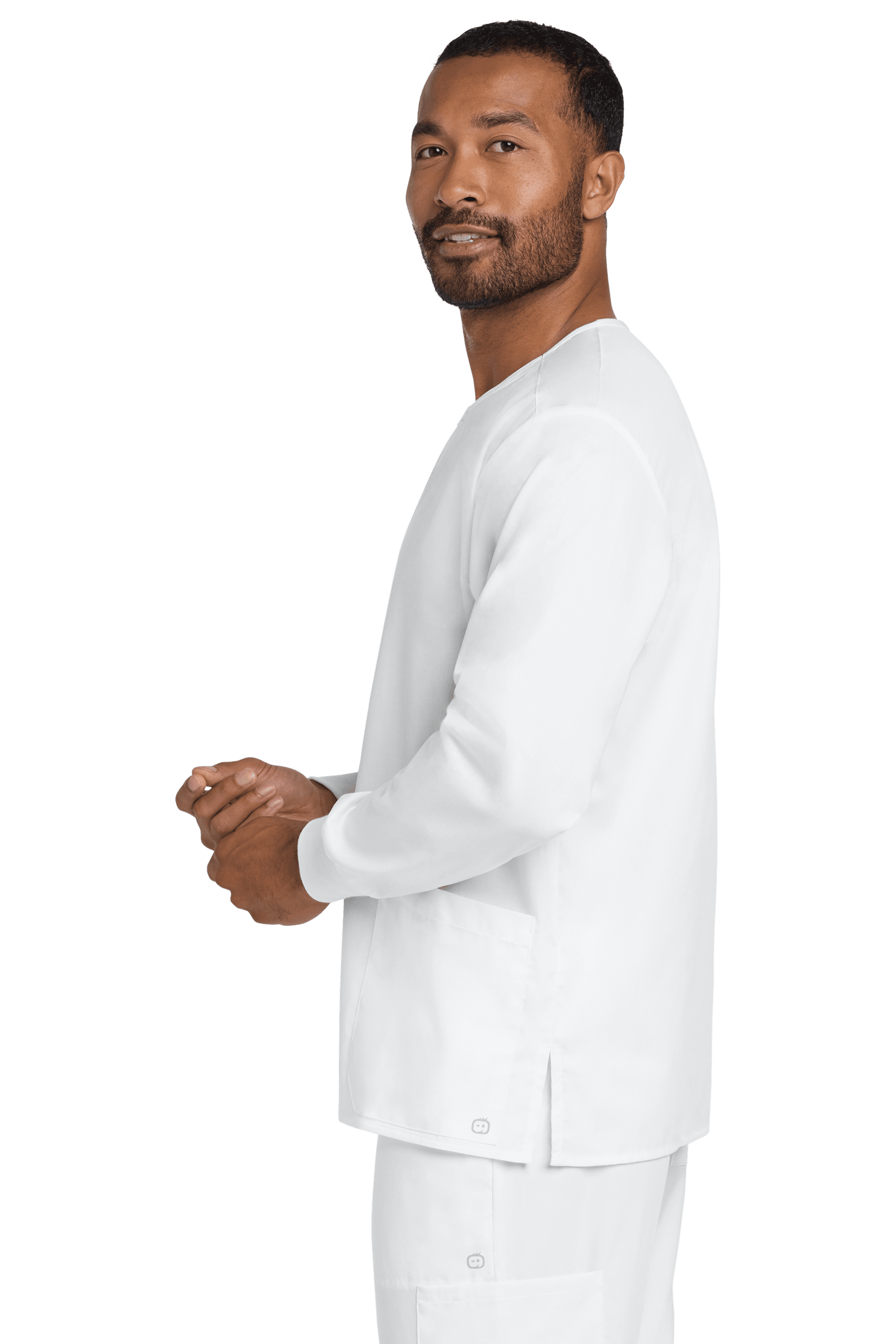 Unisex Wink Workwear Flex snap-front scrub jacket in white, displayed from side view, featuring a professional medical uniform style.