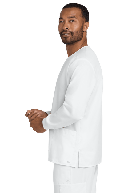 Unisex Wink Workwear Flex snap-front scrub jacket in white, displayed from side view, featuring a professional medical uniform style.