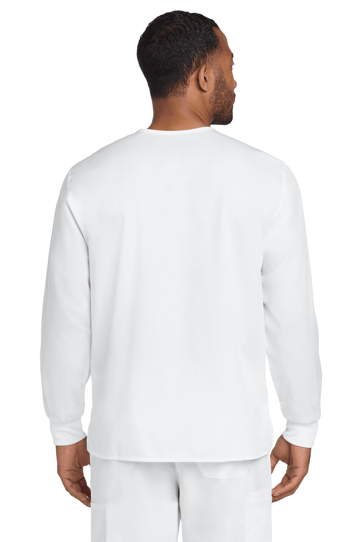 Unisex white Flex Snap-Front Scrub Jacket by Wink with back view, designed for workwear and customization options.