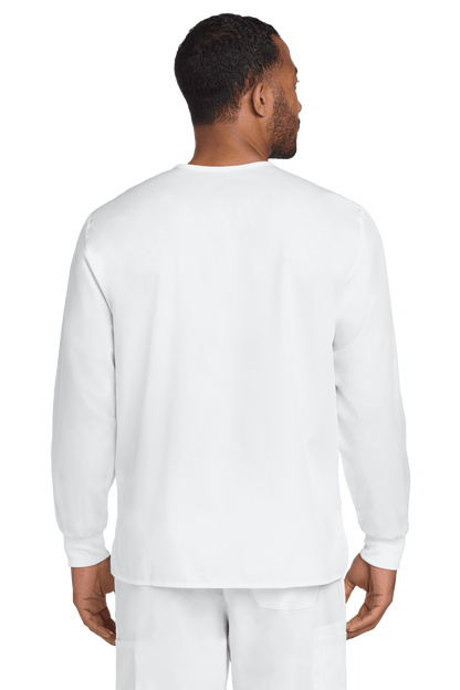 Unisex white Flex Snap-Front Scrub Jacket by Wink with back view, designed for workwear and customization options.