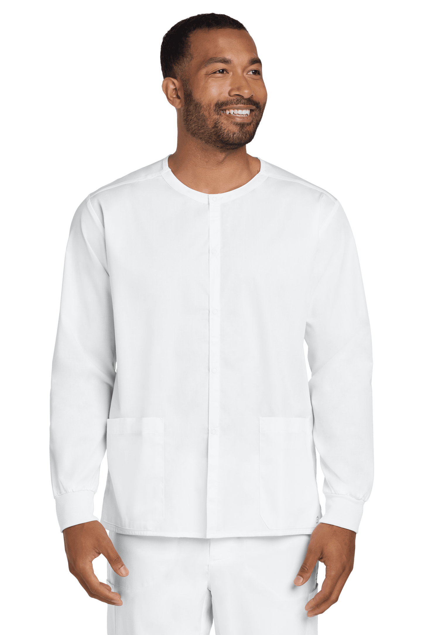 Unisex Wink Workwear Flex snap-front scrub jacket in white, front view showing comfortable fit and functional design.