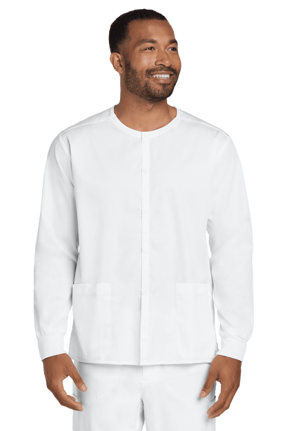 Unisex Wink Workwear Flex snap-front scrub jacket in white, front view showing comfortable fit and functional design.