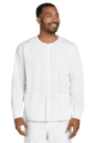 Unisex Wink Workwear Flex snap-front scrub jacket in white, front view showing comfortable fit and functional design.
