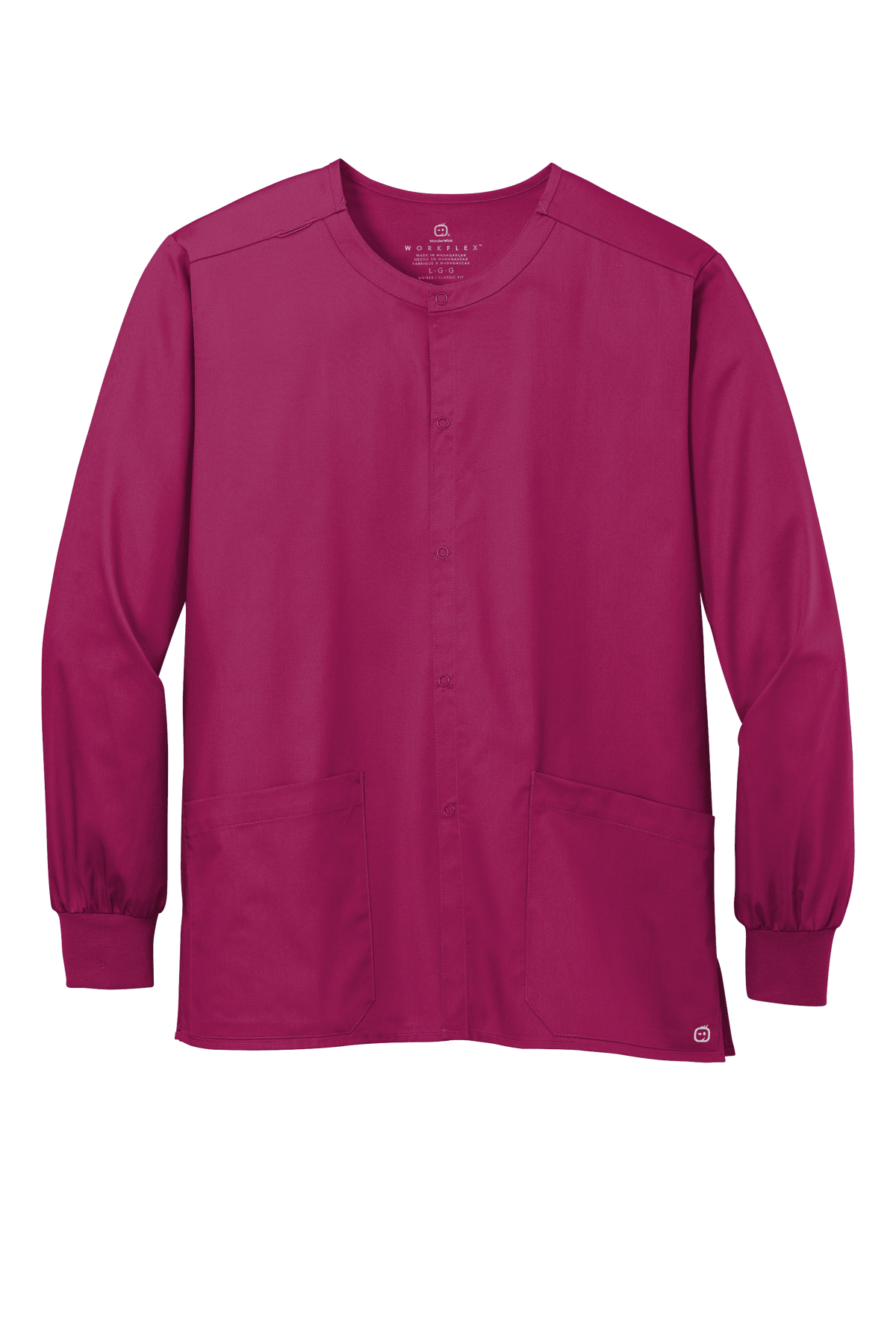Unisex Wink Workwear Flex snap-front scrub jacket in wine color, made from durable fabric, suitable for medical professionals.