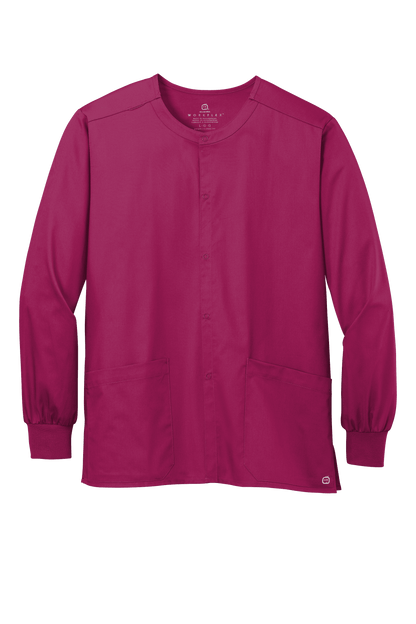 Unisex Wink Workwear Flex snap-front scrub jacket in wine color, made from durable fabric, suitable for medical professionals.