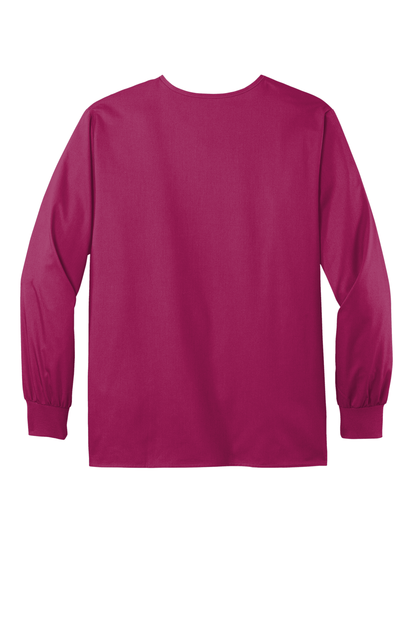 Unisex Wink workwear scrub jacket with snap front and wine color, shown from the back view, featuring a flexible, professional design.