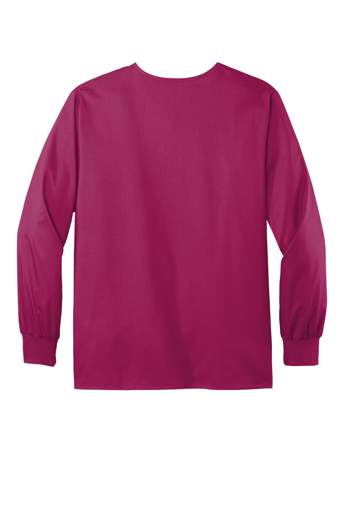 Unisex Wink workwear scrub jacket with snap front and wine color, shown from the back view, featuring a flexible, professional design.
