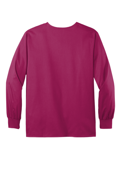 Unisex Wink workwear scrub jacket with snap front and wine color, shown from the back view, featuring a flexible, professional design.