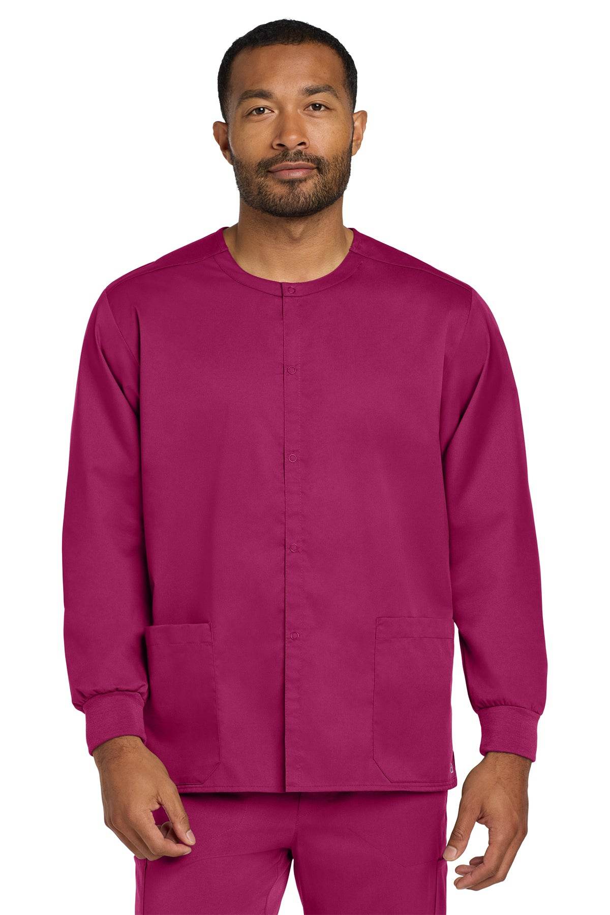 Unisex Wink workwear flex snap-front scrub jacket in wine color, front view showing functional design and comfortable fit.