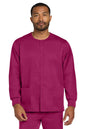 Unisex Wink workwear flex snap-front scrub jacket in wine color, front view showing functional design and comfortable fit.