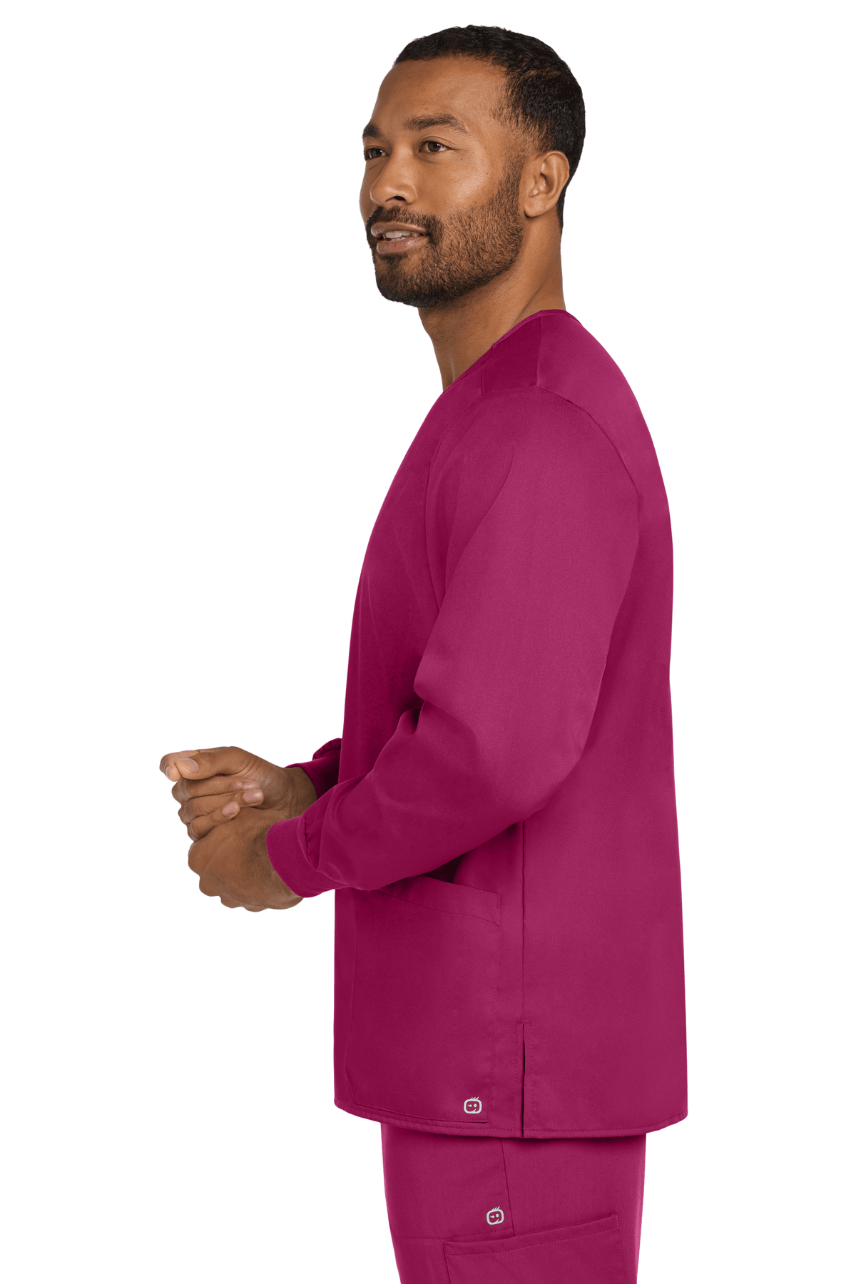 Unisex Wink Workwear Flex Snap-Front Scrub Jacket in wine color, shown from side view, durable and comfortable for healthcare professionals.