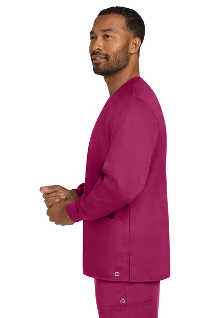 Unisex Wink Workwear Flex Snap-Front Scrub Jacket in wine color, shown from side view, durable and comfortable for healthcare professionals.