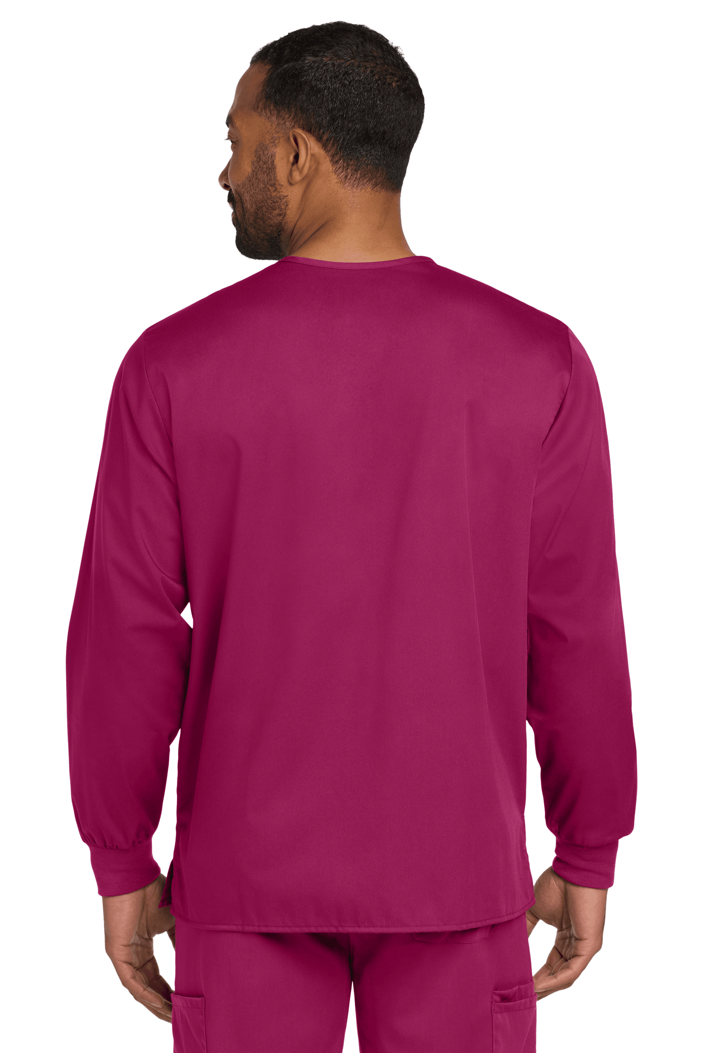Unisex Wink workwear scrub jacket with snap front in wine color, showing back view with flexible fabric and professional design.
