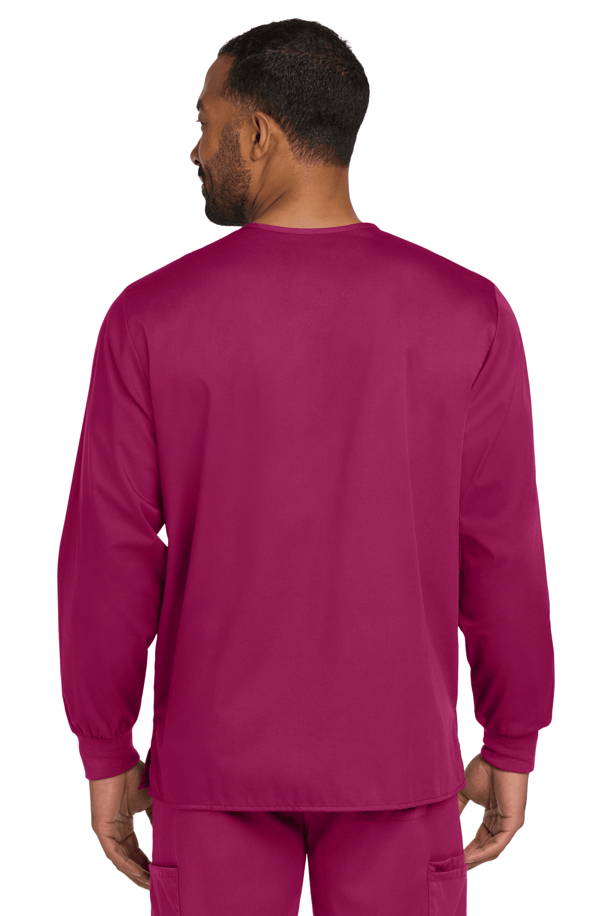 Unisex Wink workwear scrub jacket with snap front in wine color, showing back view with flexible fabric and professional design.