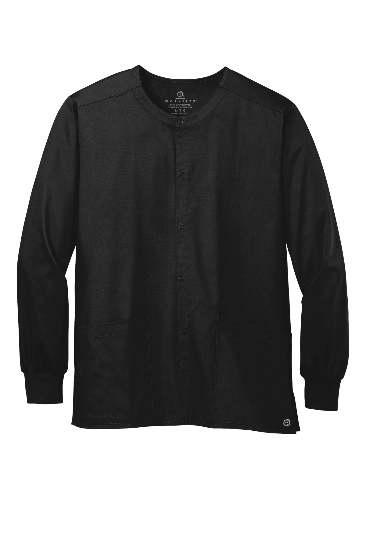 Unisex black Wink workwear scrub jacket with flexible snap front, suitable for medical professionals, shown in print view.
