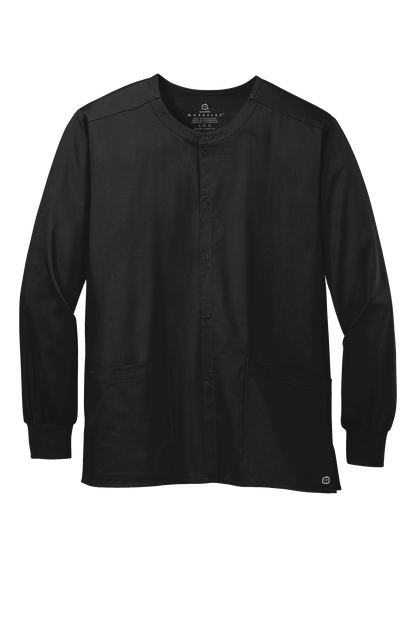 Unisex black Wink workwear scrub jacket with flexible snap front, suitable for medical professionals, shown in print view.