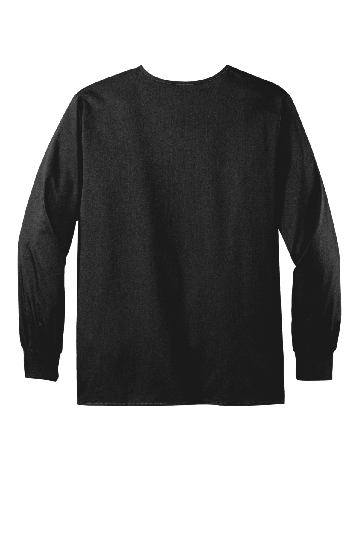 Black unisex Wink workwear scrub jacket with snap front and flexible design, shown from the back.