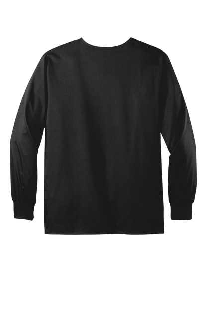 Black unisex Wink workwear scrub jacket with snap front and flexible design, shown from the back.