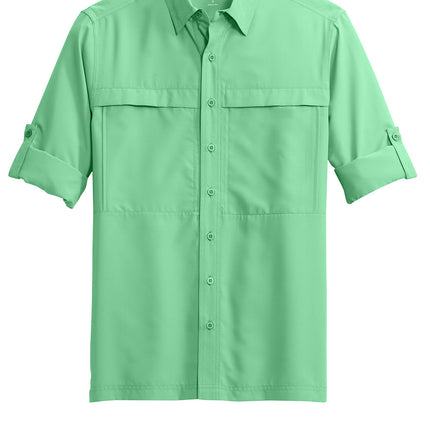 green Port Authority UV Daybreak long sleeve performance shirt front”