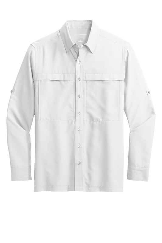 White Port Authority® Long Sleeve UV Daybreak Shirt laid flat, showcasing its front design and lightweight fabric.