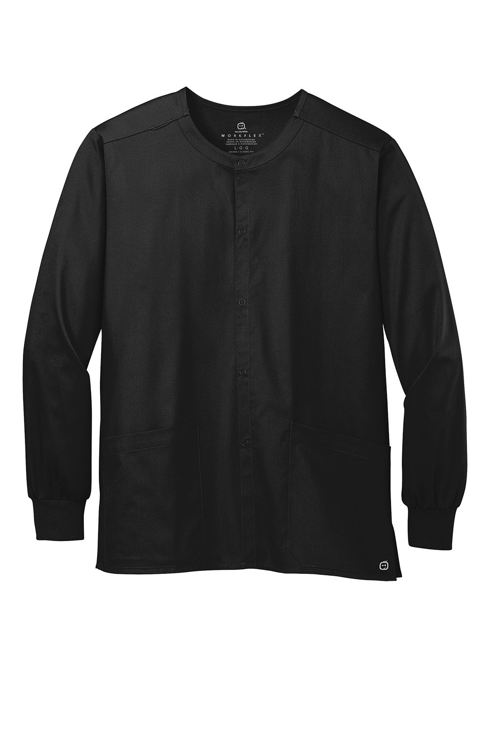 Black Wink® WorkFlex unisex scrub jacket with snap-front closure, featuring a flat front design for professional healthcare attire.