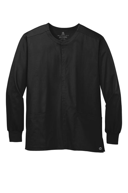 Black Wink® WorkFlex unisex scrub jacket with snap-front closure, featuring a flat front design for professional healthcare attire.