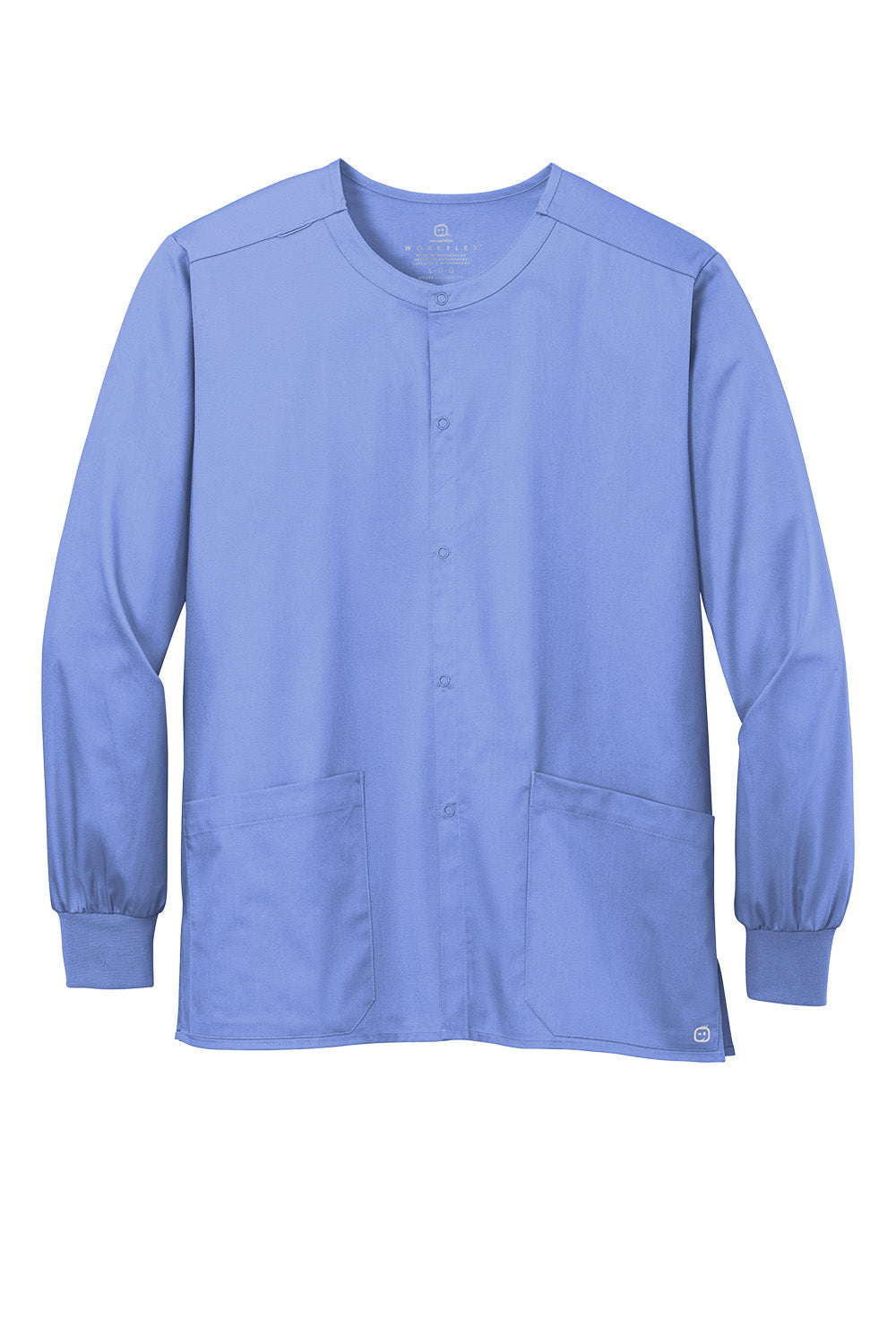 Wink® Unisex WorkFlex Snap-Front Scrub Jacket by Print-View, flat front view showing durable fabric and functional snap closure.