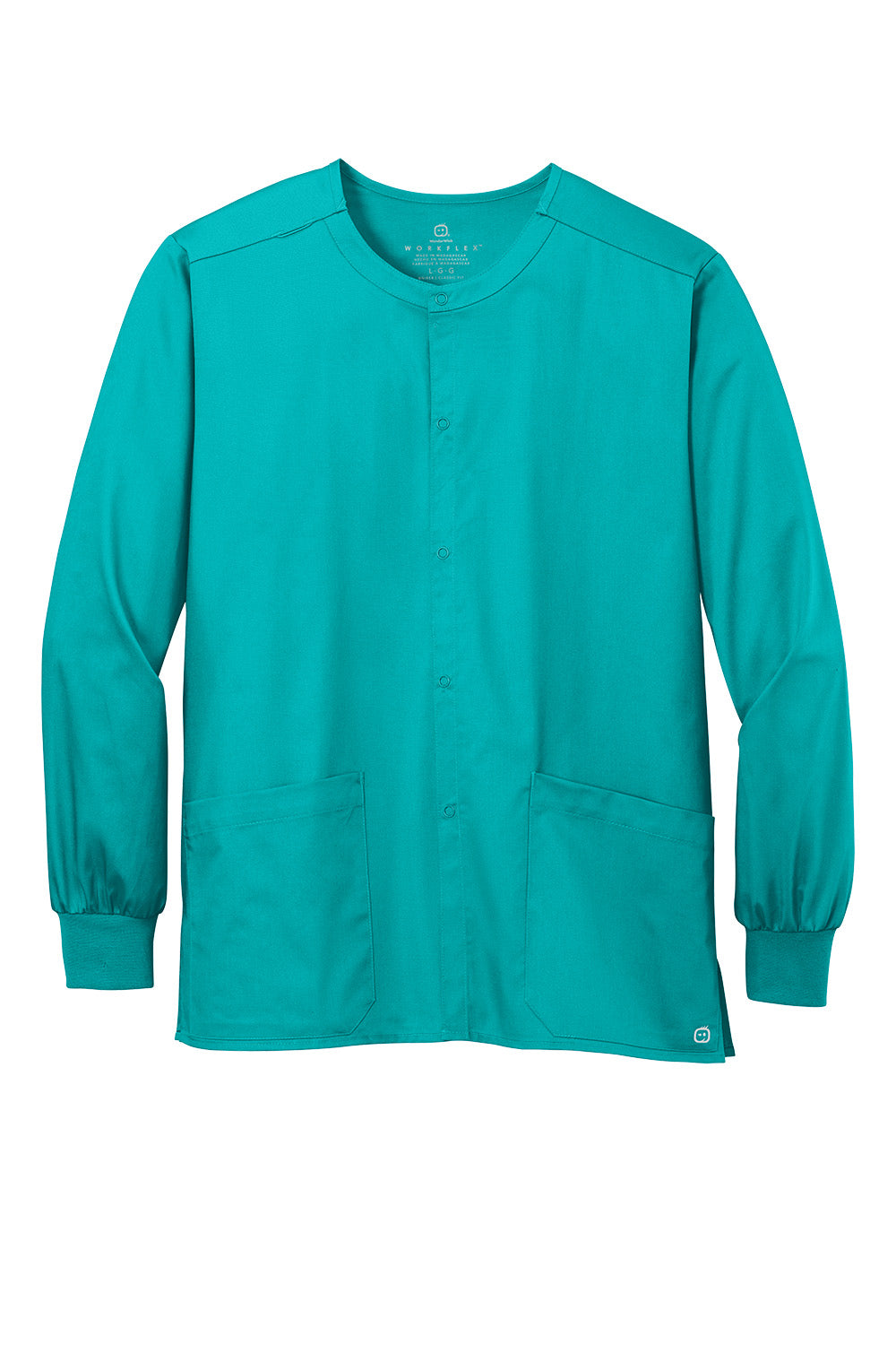 Teal Wink® Unisex WorkFlex snap-front scrub jacket with front pockets, designed for medical professionals, by Print-View.