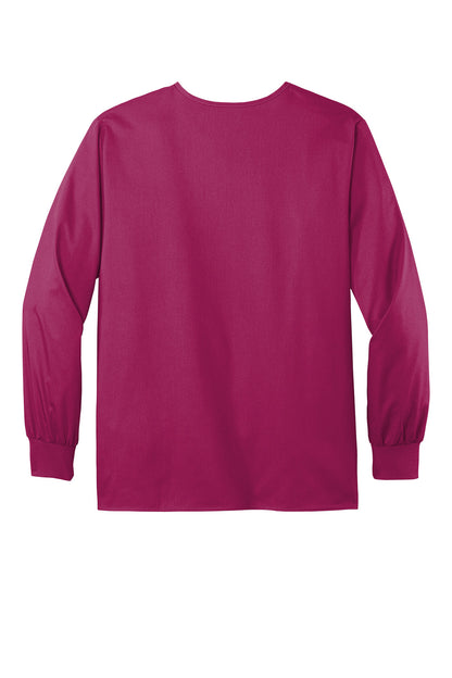Wink® Unisex WorkFlex Snap-Front Scrub Jacket in wine color, flat back design, made by Print-View, showing the front view of the jacket.