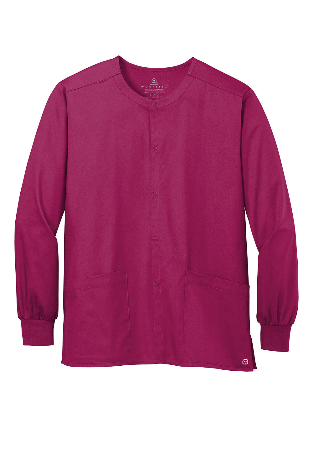 Wink® Unisex WorkFlex snap-front scrub jacket in wine color, with a flat front and multiple pockets, made by Print-View.