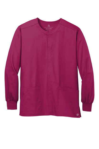 Wink® Unisex WorkFlex snap-front scrub jacket in wine color, with a flat front and multiple pockets, made by Print-View.
