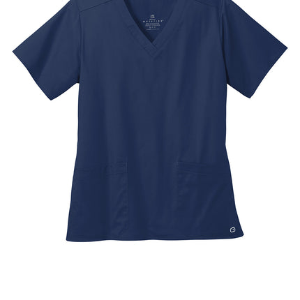 Navy Wink Women’s WorkFlex V-Neck Top by Print-View, flat front view of the V-neck tee on a woman.