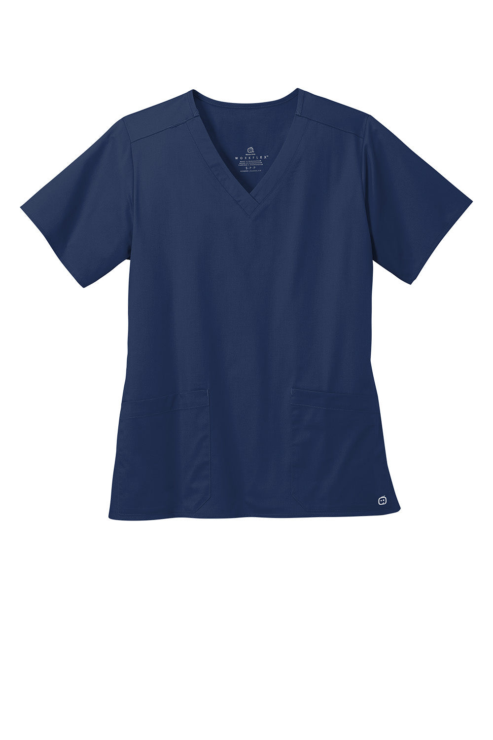 Navy Wink Women’s WorkFlex V-Neck Top by Print-View, flat front view of the V-neck tee on a woman.