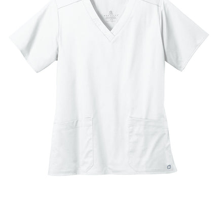 White Wink® Women’s WorkFlex V-Neck Top, flat front view, comfortable V-neck tee by Print-View for professional wear.