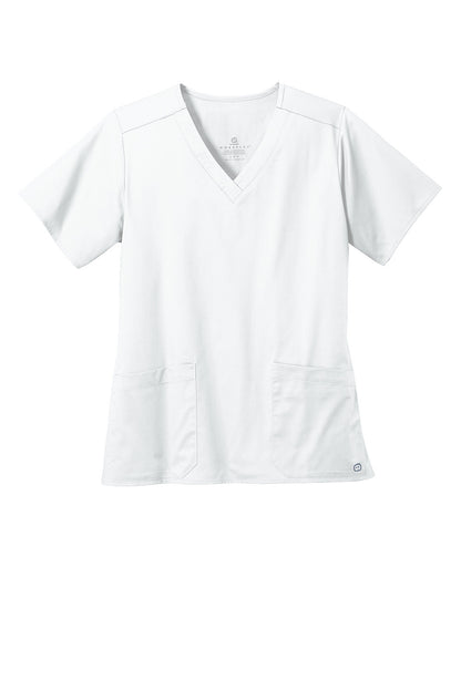 White Wink® Women’s WorkFlex V-Neck Top, flat front view, comfortable V-neck tee by Print-View for professional wear.