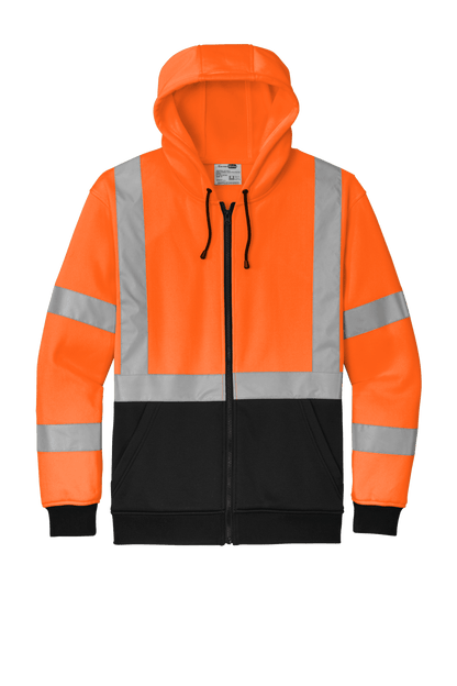 CornerStone heavy-duty full-zip fleece hoodie for cold weather, safety orange work jacket with warm, durable fleece lining.