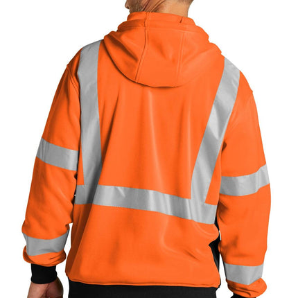 Warm full-zip fleece hoodie for men, designed for heavy use Safety Orange Model Back