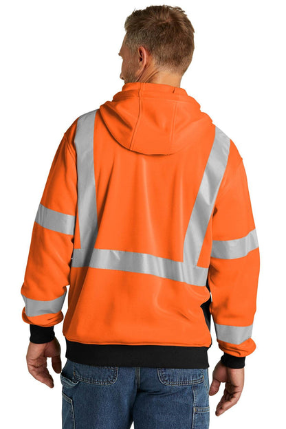 CornerStone heavy-duty full-zip fleece hoodie for cold weather, safety orange work jacket, back view for men.
