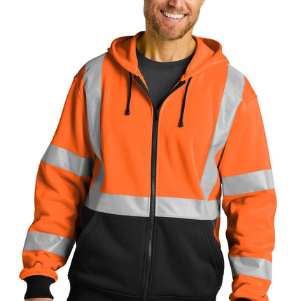 Warm full-zip fleece hoodie for men, designed for heavy use Safety Orange Model Front