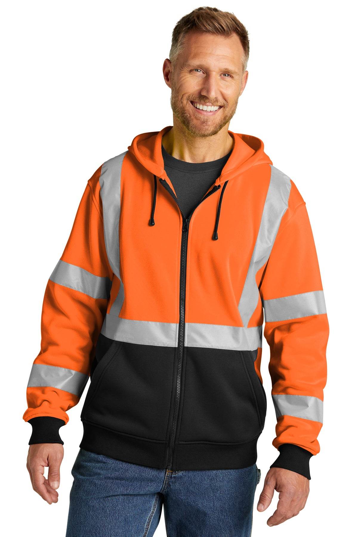 CornerStone heavy-duty full-zip fleece hoodie for cold weather, safety orange work jacket with front view.